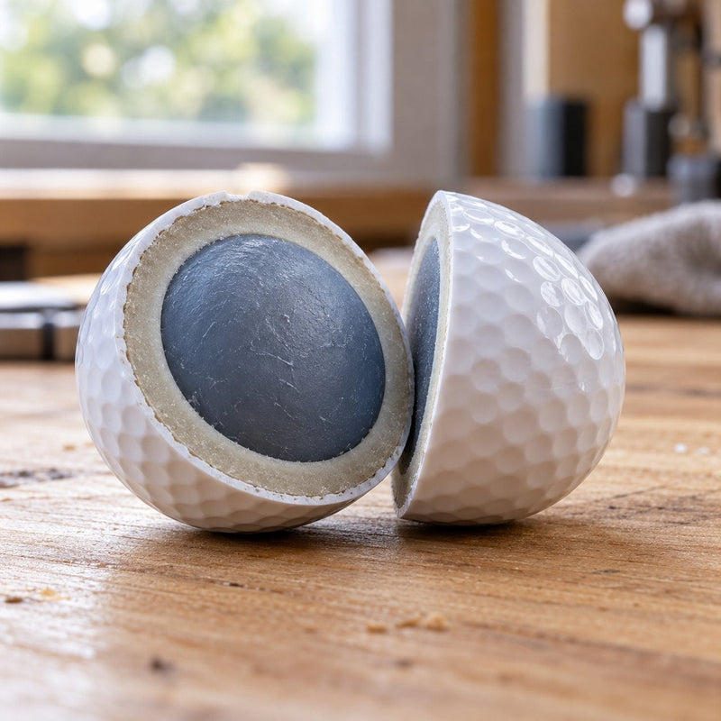 Une balle de golf coupée en deux sur un établi en bois, laissant voir son noyau et ses couches