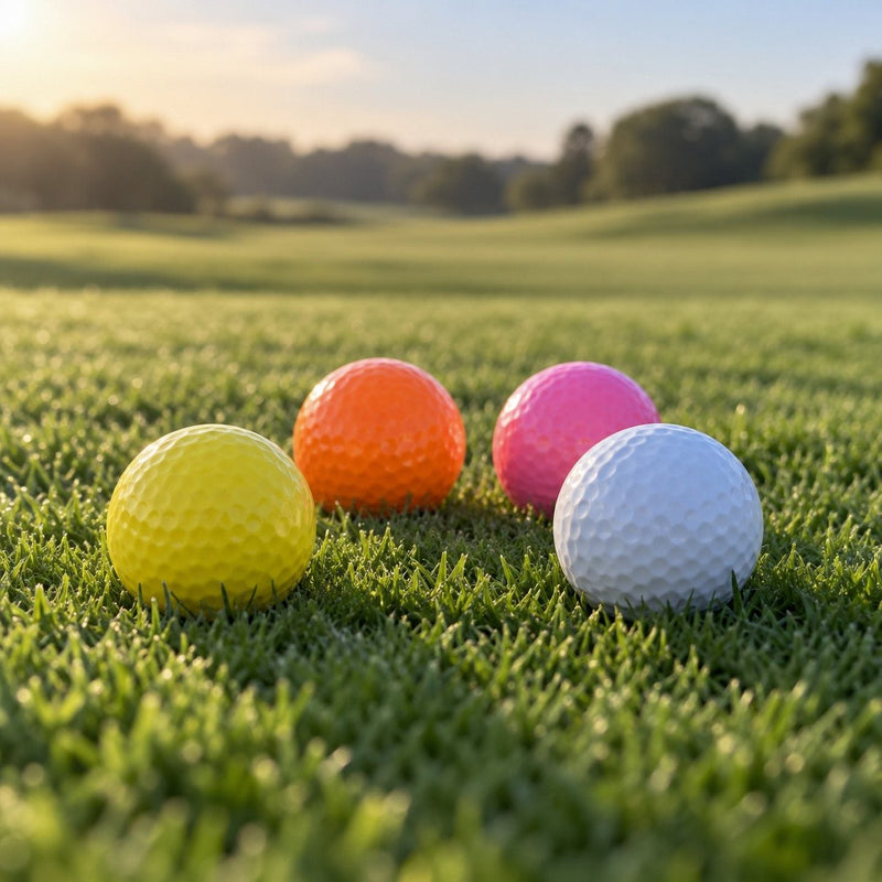 Des balles de golf jaunes, orange, roses et blanches posées dans l'herbe courte d'un fairway