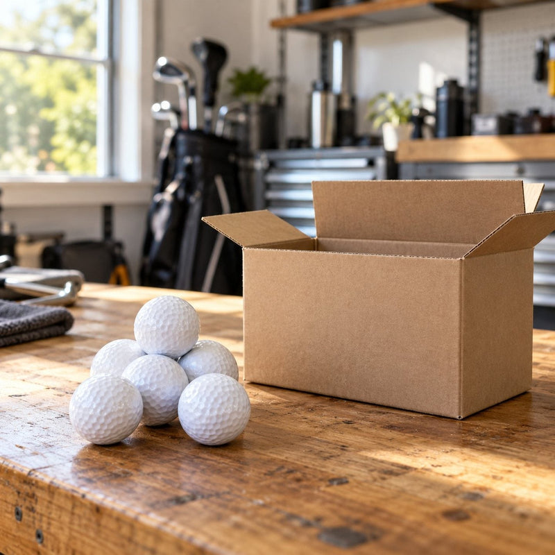 Une pile de balles de golf blanches à côté d'une boîte ouverte, sur un établi de garage