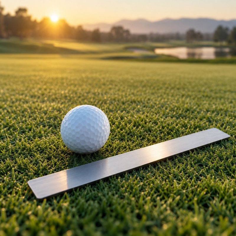 Une balle de golf posée sur le gazon à côté d'une règle en acier, pour juger sa taille