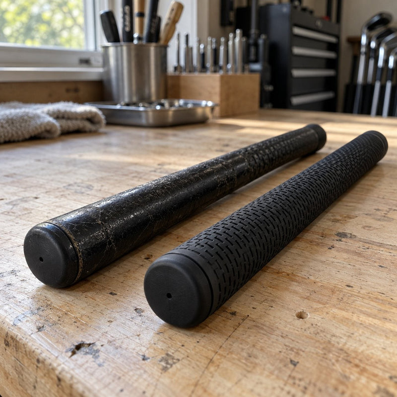 Un grip de golf usé, lisse et brillant, posé à côté d'un grip neuf texturé sur un établi clair