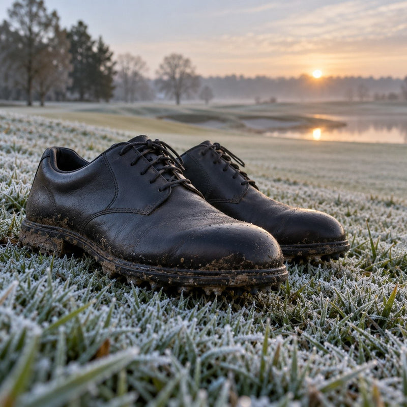 Une paire de chaussures de golf unies au bord d'un fairway couvert de givre