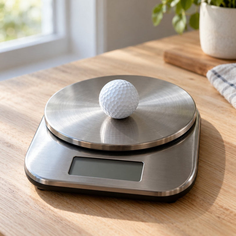 Une balle de golf posée sur le plateau d'une balance de cuisine en inox