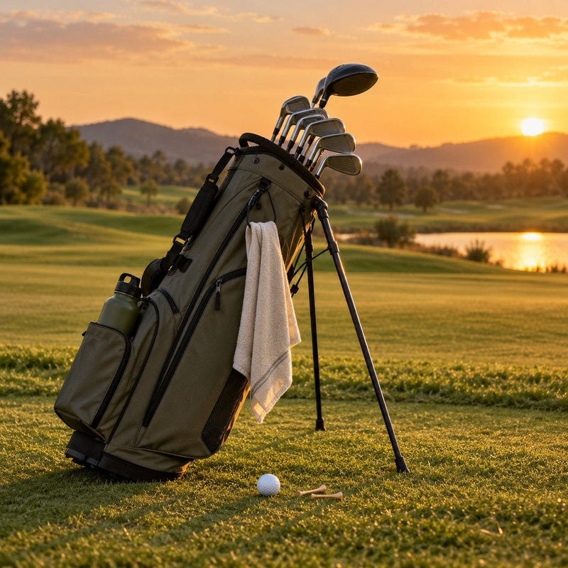 Un sac de golf trépied bien rangé posé sur le fairway à la lumière du soir, avec serviette et bouteille