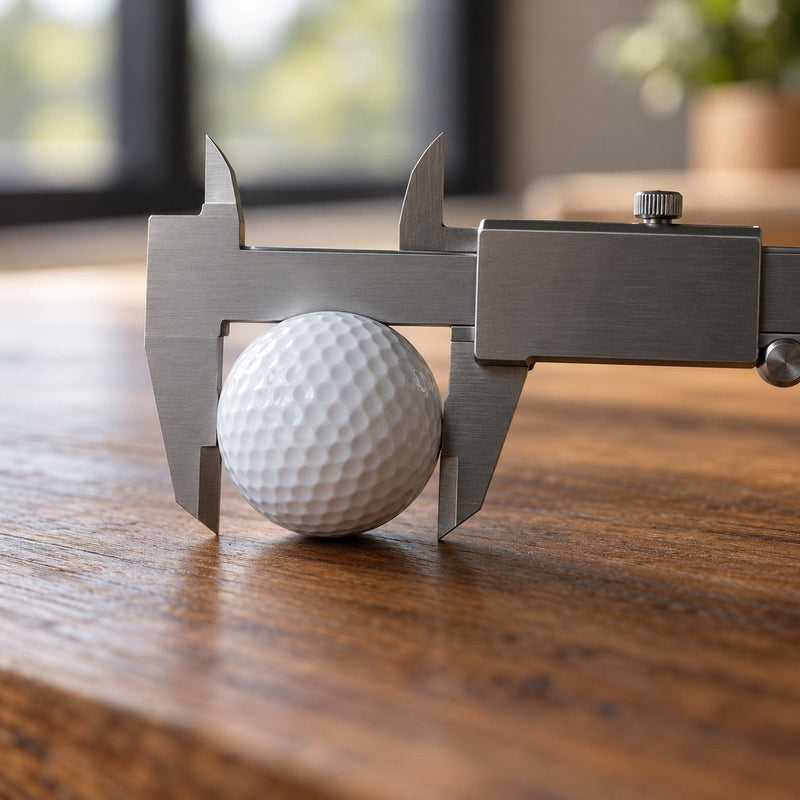 Une balle de golf entre les mâchoires d'un pied à coulisse posé sur une table en bois