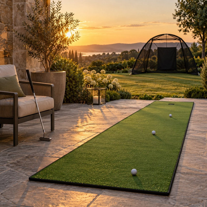 Une terrasse de jardin au soleil du soir avec un tapis de putting déroulé et un filet de golf sur la pelouse