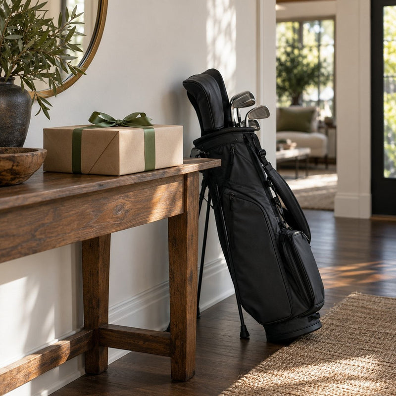 Un paquet cadeau noué d'un ruban vert posé sur une table d'entrée, à côté d'un sac de golf appuyé contre un mur blanc