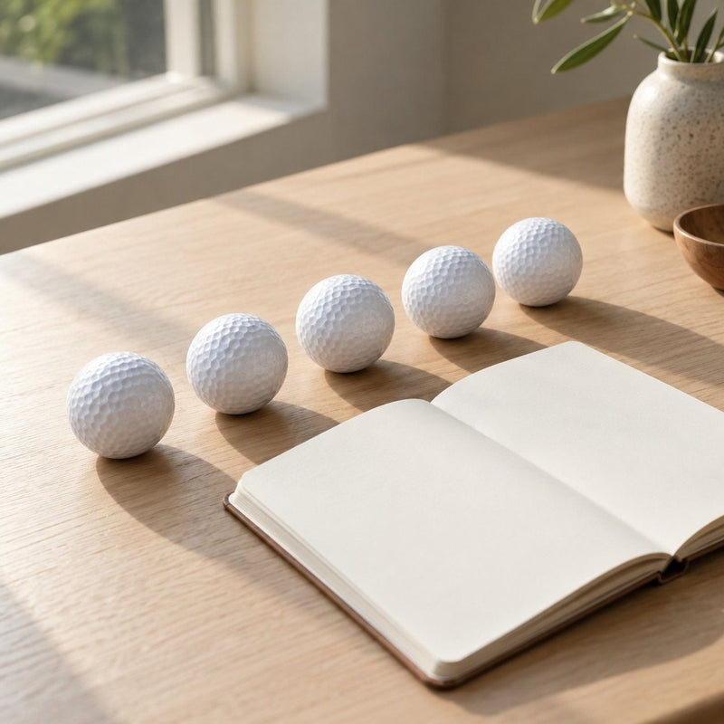 Une rangée de balles de golf blanches posées sur une table en bois clair, à côté d'un carnet vide