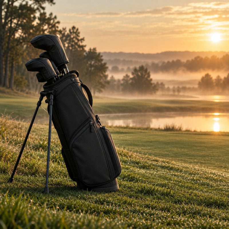 Un sac de golf trépied posé debout sur ses pieds au bord d'un fairway, dans la lumière du matin