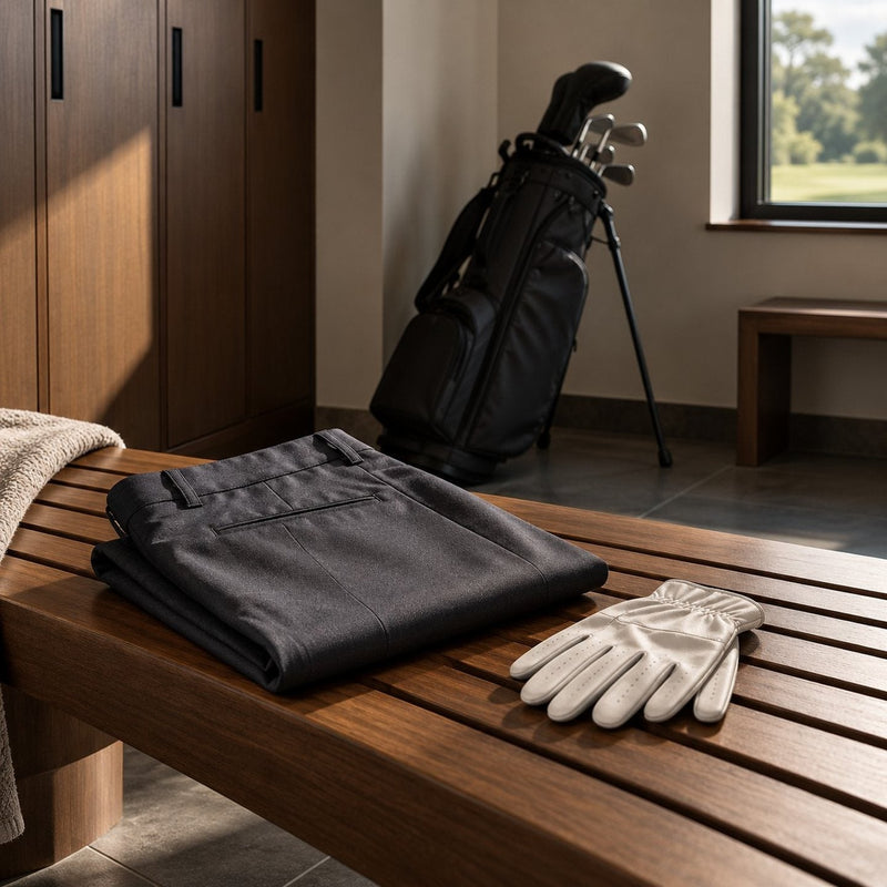 Un pantalon gris foncé plié et une paire de gants posés sur un banc en bois, avec un sac de golf contre le mur