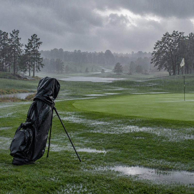 Un parcours de golf sous une pluie régulière, avec un sac couvert de son capot au bord d'un green