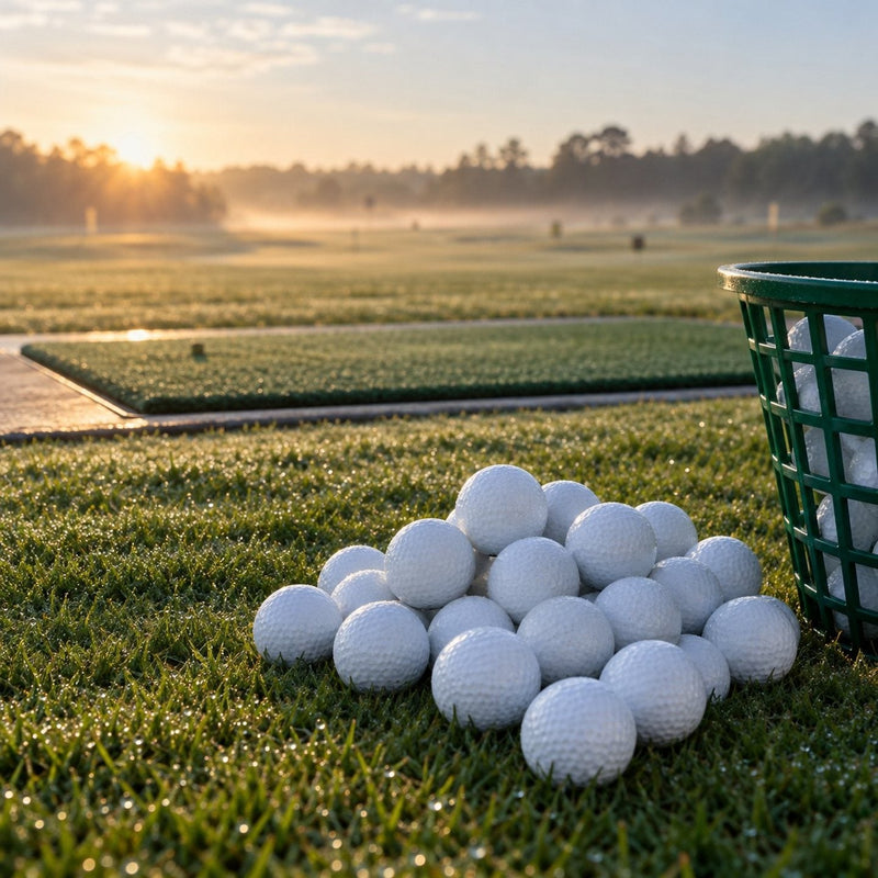 Un tas de balles de golf blanches à côté d'un seau vert sur l'herbe humide d'un practice, tôt le matin