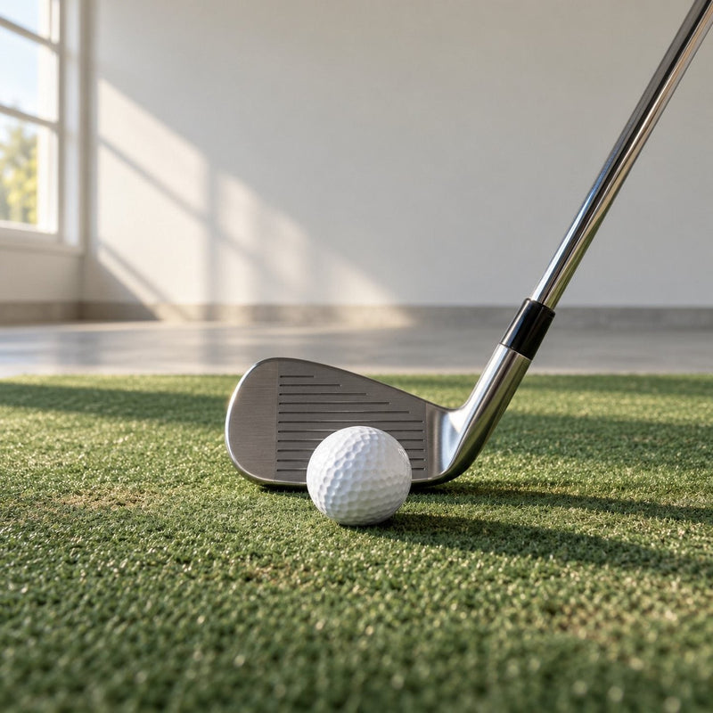 Un fer et une balle de golf posés sur un tapis de practice usé, dans un garage lumineux