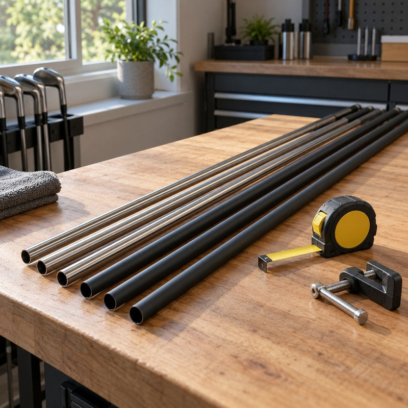 Plusieurs manches de clubs de golf, acier et graphite, posés côte à côte sur un établi en bois dans un garage