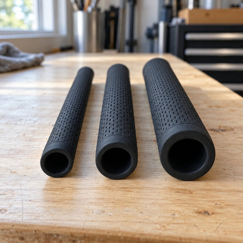 Trois grips de golf de plus en plus épais alignés sur un établi, vus par leur extrémité ouverte