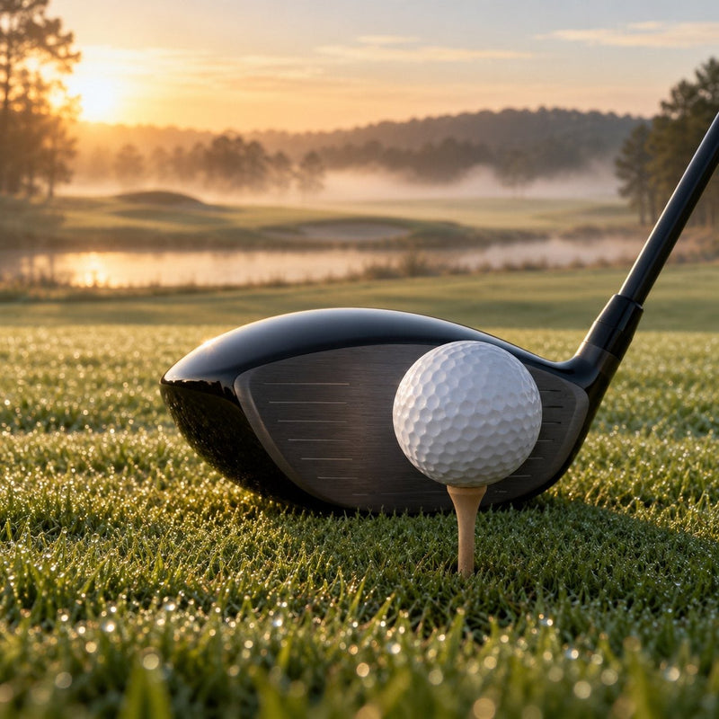 Un driver posé derrière une balle de golf sur un tee, au petit matin sur un départ de parcours