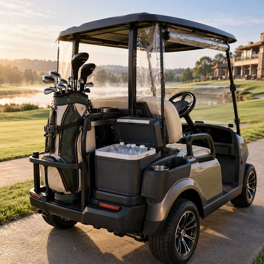 Porte-sac, glacière et accessoires montés sur une voiturette de golf