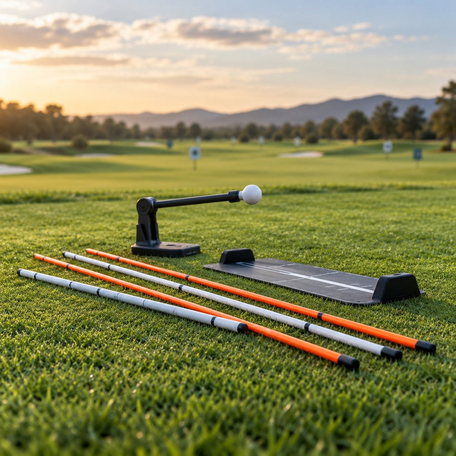 Aides au swing de golf posées sur l'herbe d'un practice