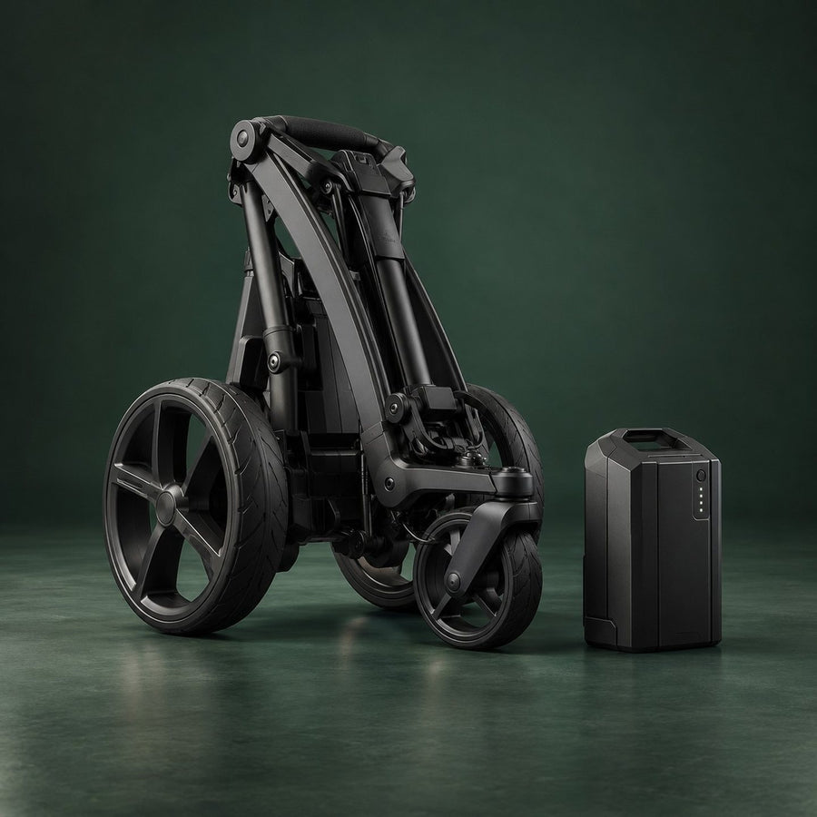 Batterie lithium de chariot de golf à côté d'un chariot plié