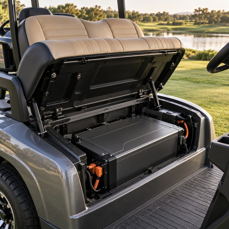Batterie lithium sous le siège d'une voiturette de golf