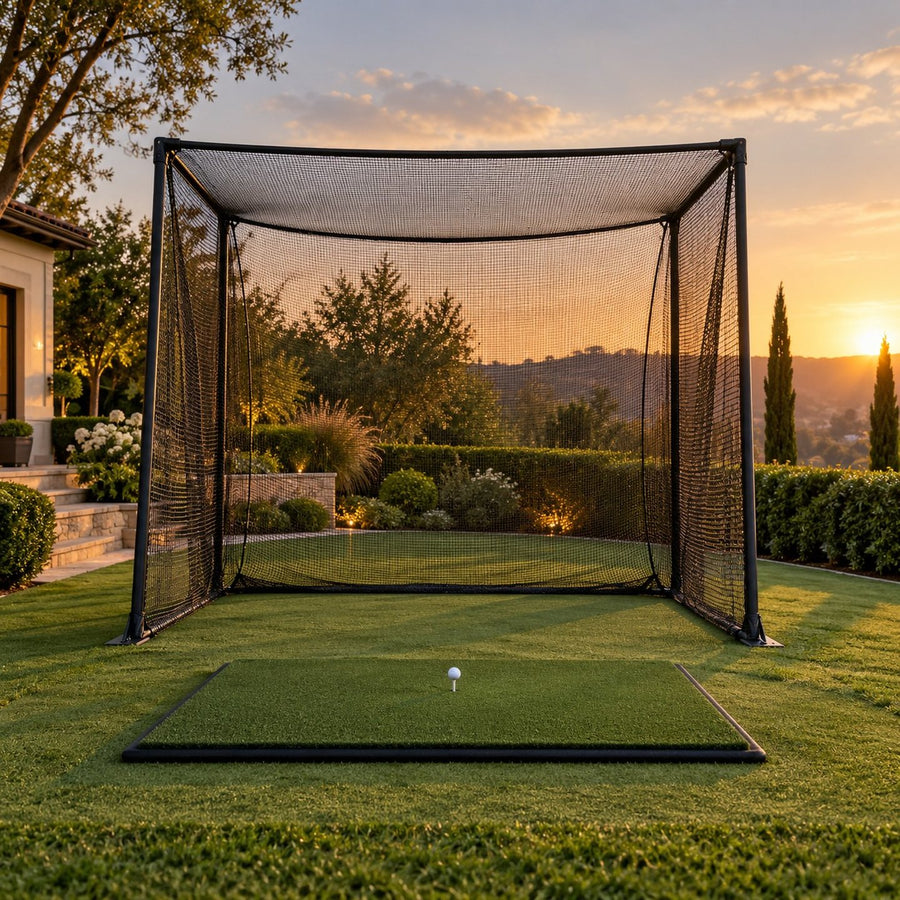 Cage de golf avec filet et tapis de frappe dans un jardin