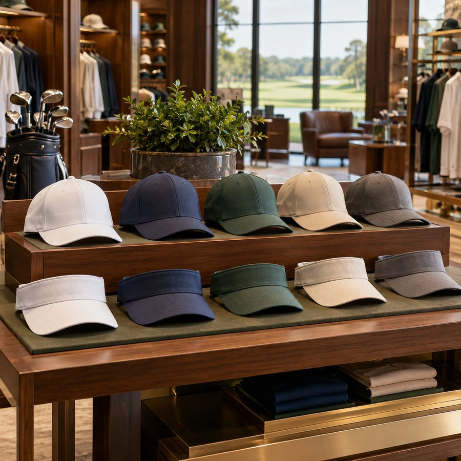Casquettes et visières de golf sur un présentoir de pro shop