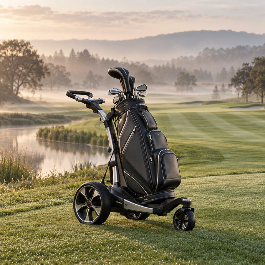 Chariot de golf électrique avec sac en cuir au bord du fairway