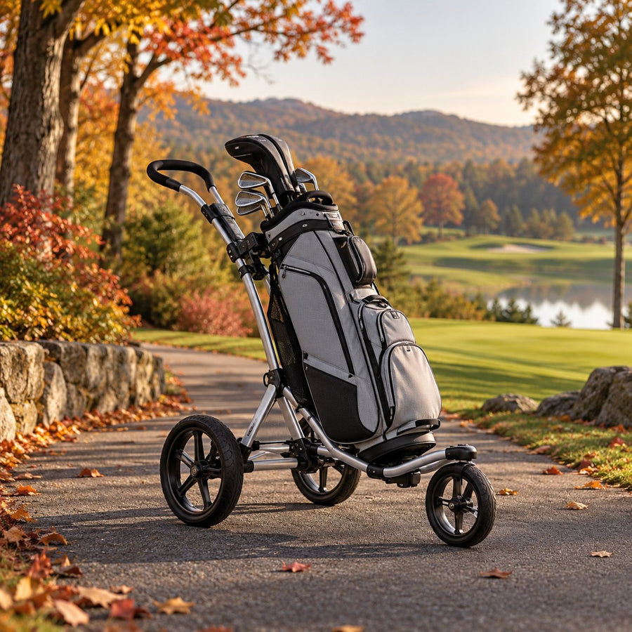 Chariot de golf manuel trois roues sur un chemin de parcours en automne