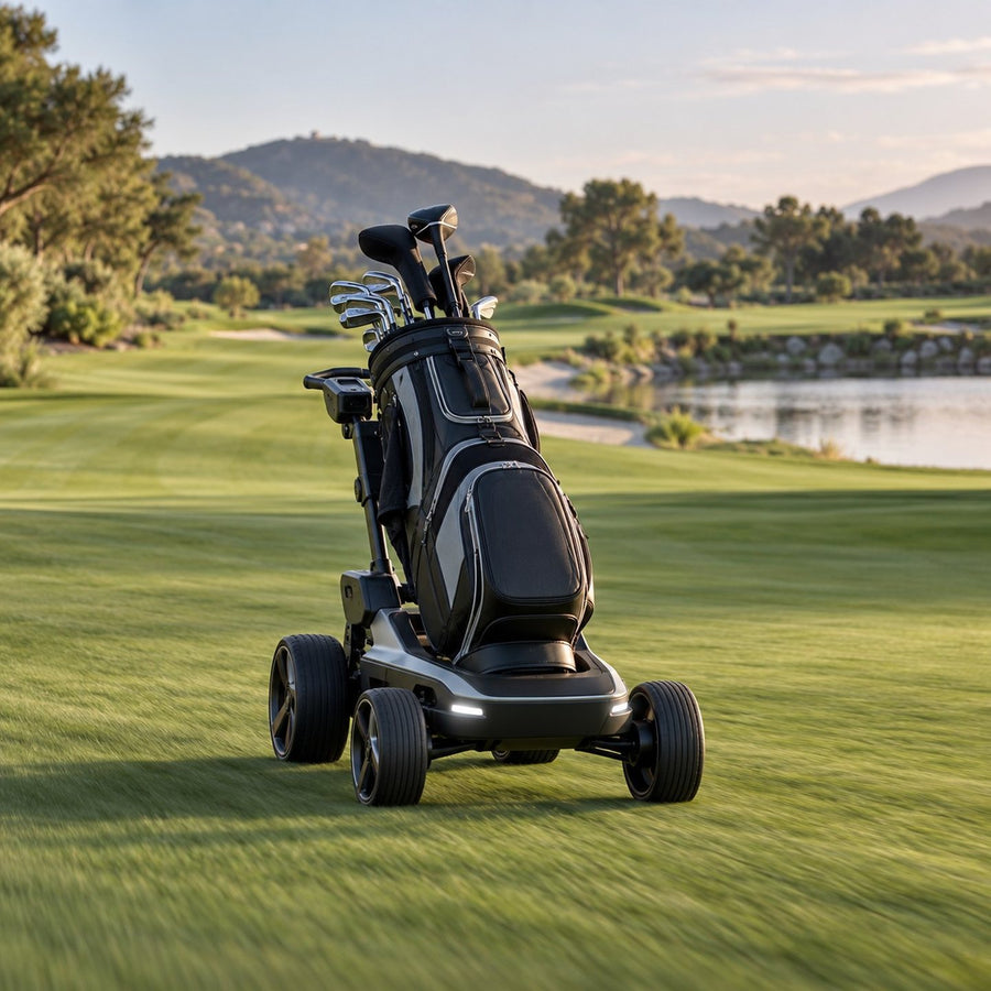 Chariot de golf électrique suiveur sur un fairway