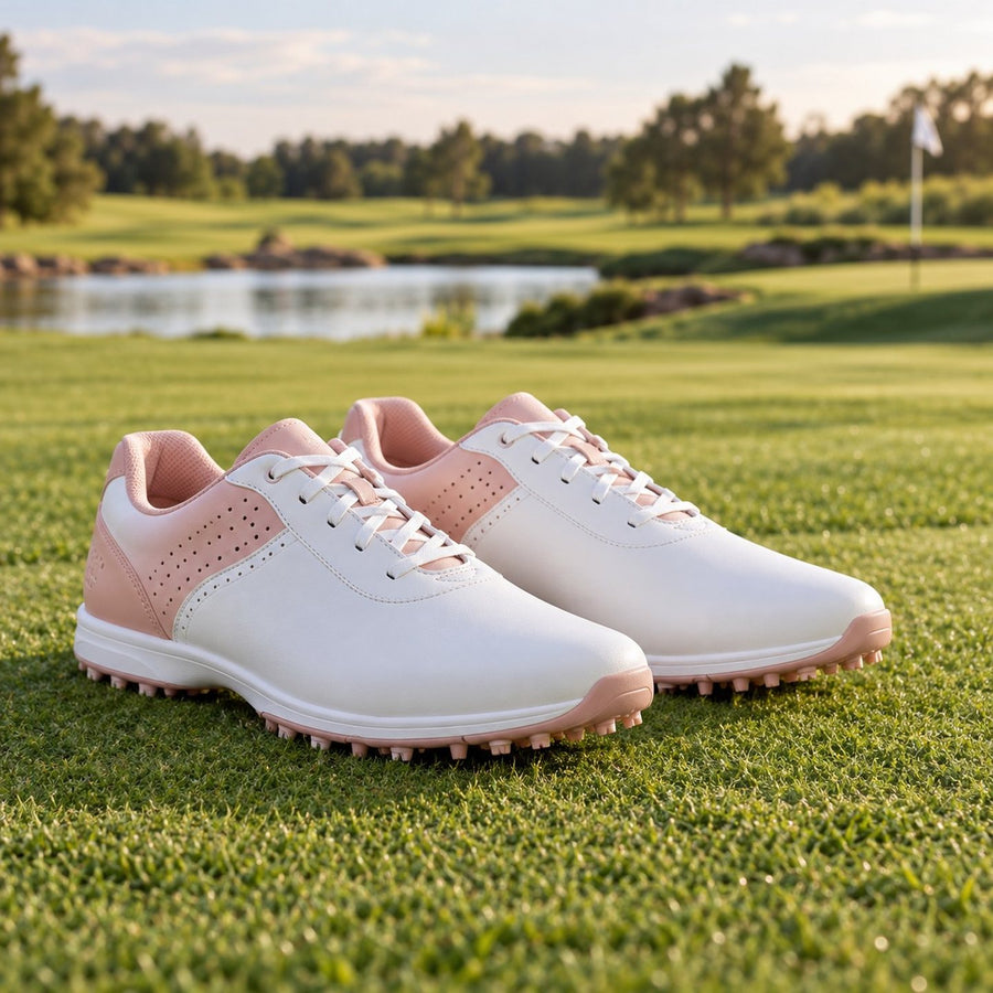 Chaussures de golf femme blanches et rose poudré sur le gazon
