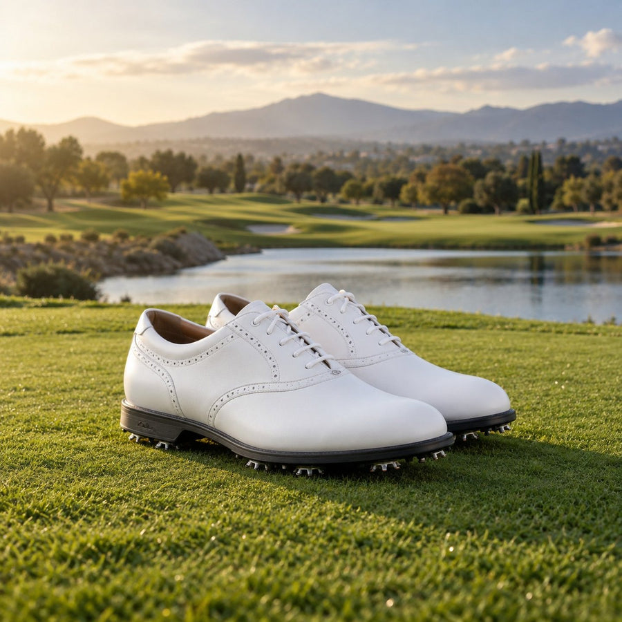 Chaussures de golf en cuir blanc sur le gazon d'un départ