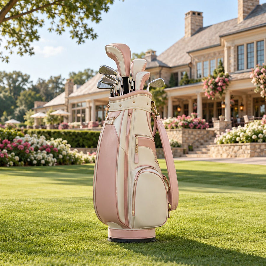 Sac de golf crème et rose poudré devant un club-house fleuri
