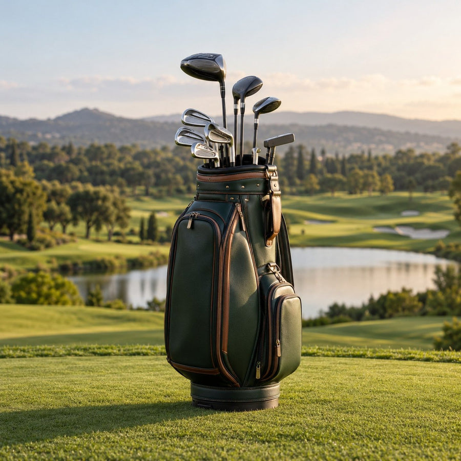 Sac rempli de clubs de golf sur le départ d'un trou