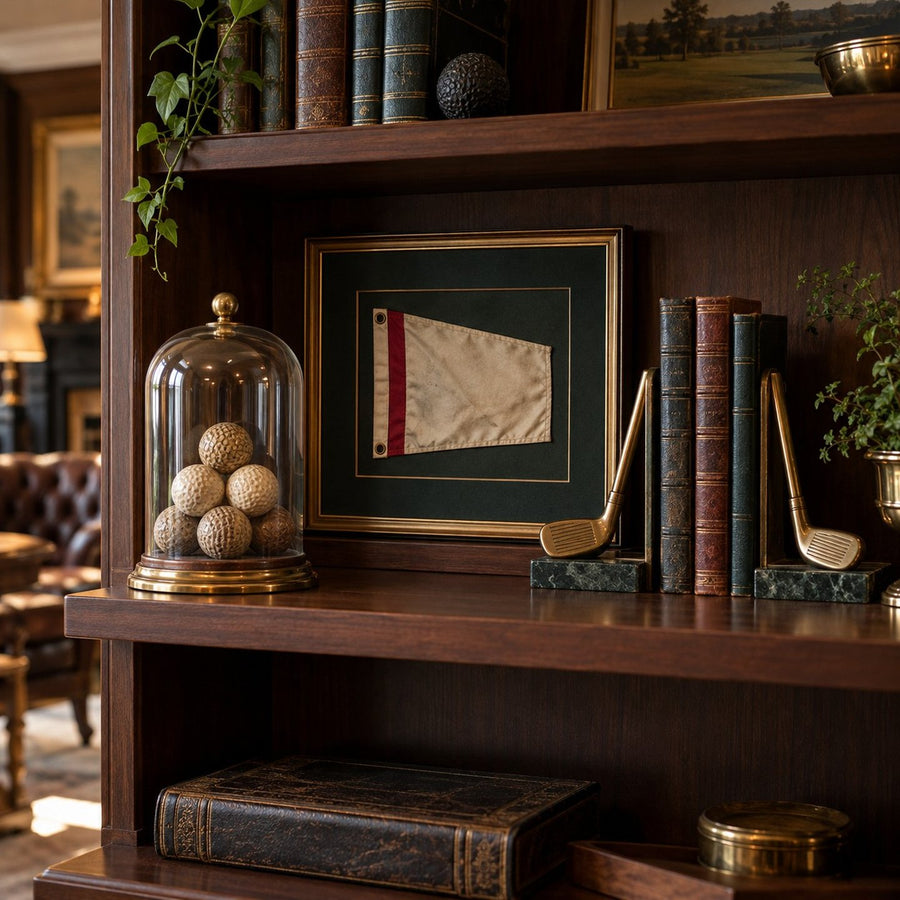 Objets de décoration golf sur une étagère en bois