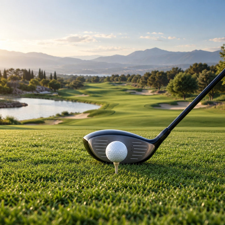 Driver de golf derrière une balle sur un tee de départ