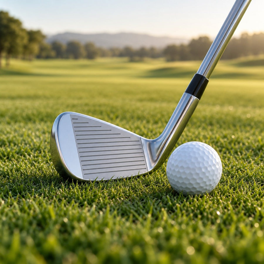 Fer de golf chromé et balle sur le fairway