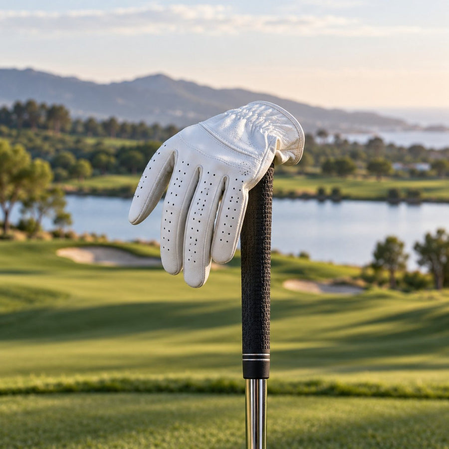Gant de golf en cuir blanc sur la poignée d'un club