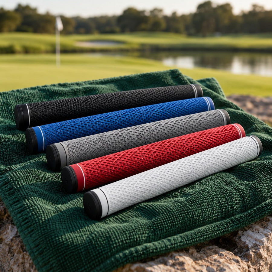 Grips de putter de couleurs sur une serviette verte
