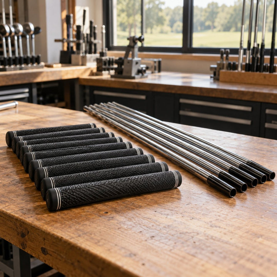 Grips et manches de clubs sur l'établi d'un atelier
