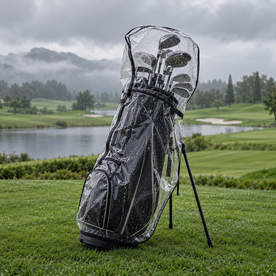 Sac de golf sous une housse de pluie transparente