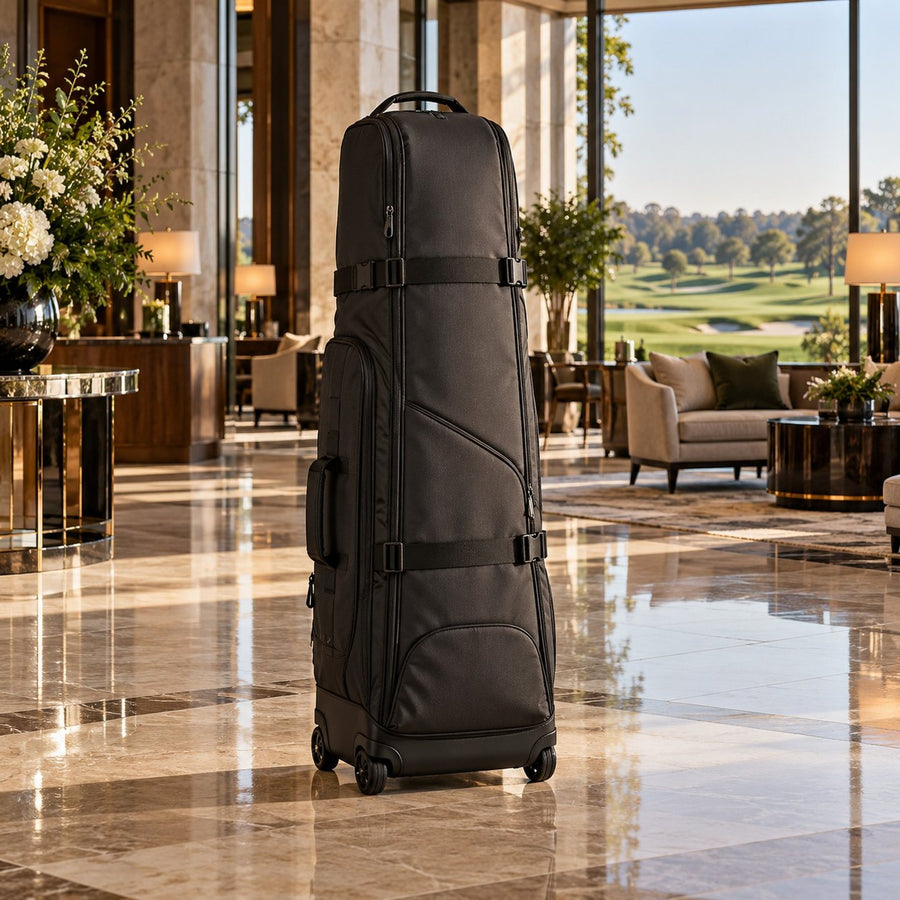 Housse de voyage de golf à roulettes dans le hall d'un hôtel