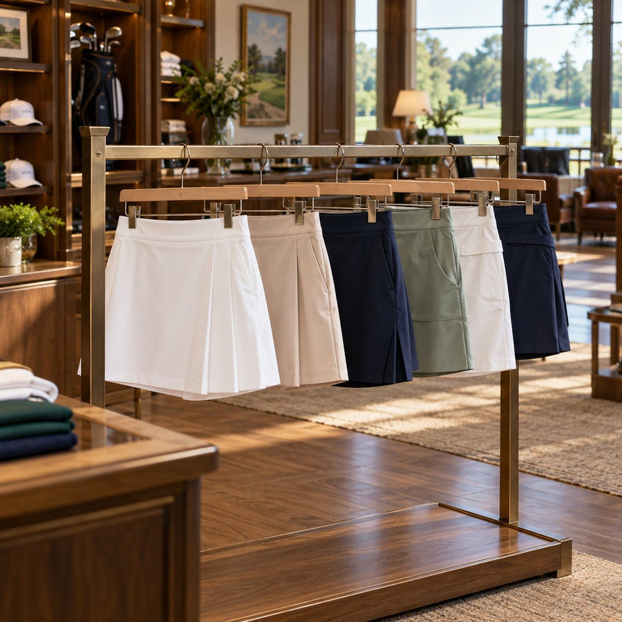 Jupes et shorts de golf femme sur un portant de pro shop