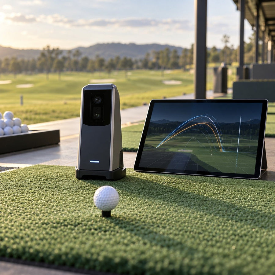 Launch monitor derrière une balle et tablette de trajectoires
