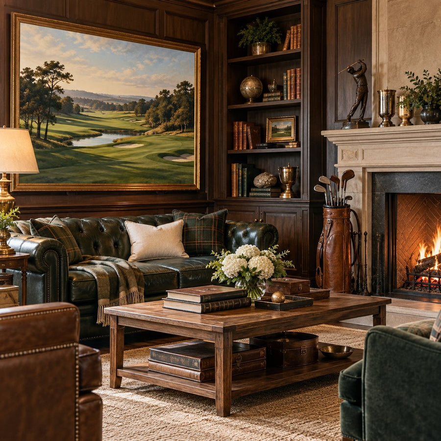 Salon décoré sur le thème du golf avec cheminée