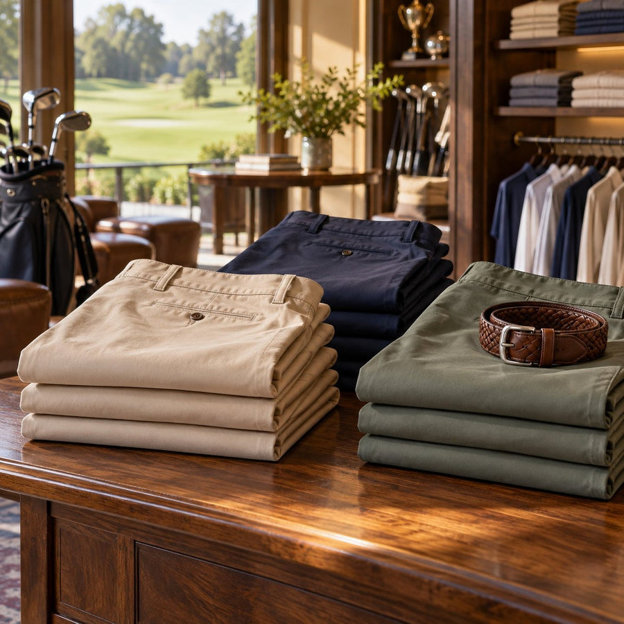 Pantalons de golf chino pliés sur une table de pro shop