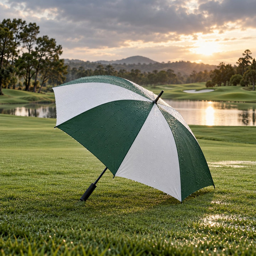 Parapluie de golf vert et blanc ouvert sur le parcours