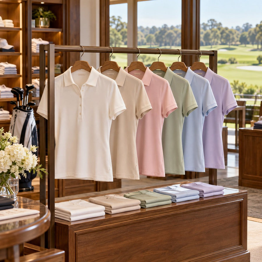 Polos de golf femme aux couleurs douces dans un pro shop