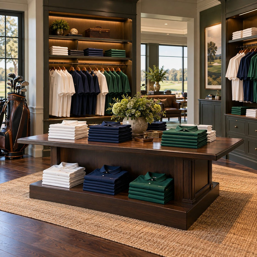 Polos de golf pliés et suspendus dans un pro shop