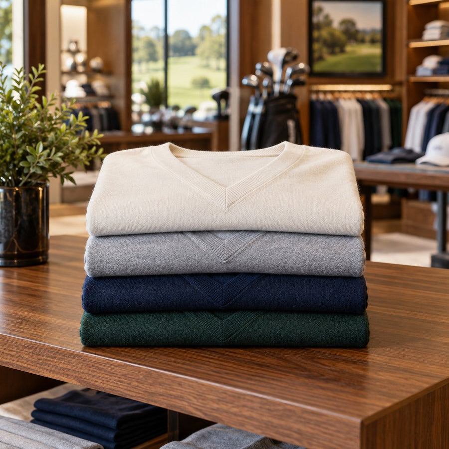 Pulls de golf col V pliés sur une étagère de pro shop