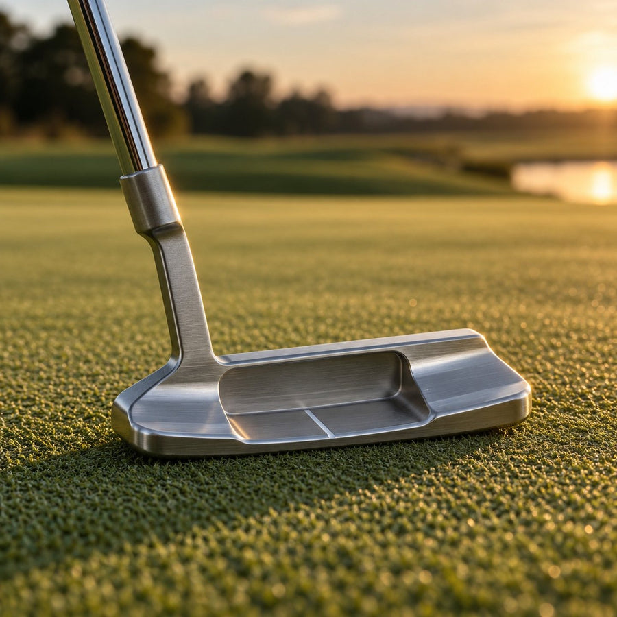 Putter lame forgé sur un green à la lumière du soir